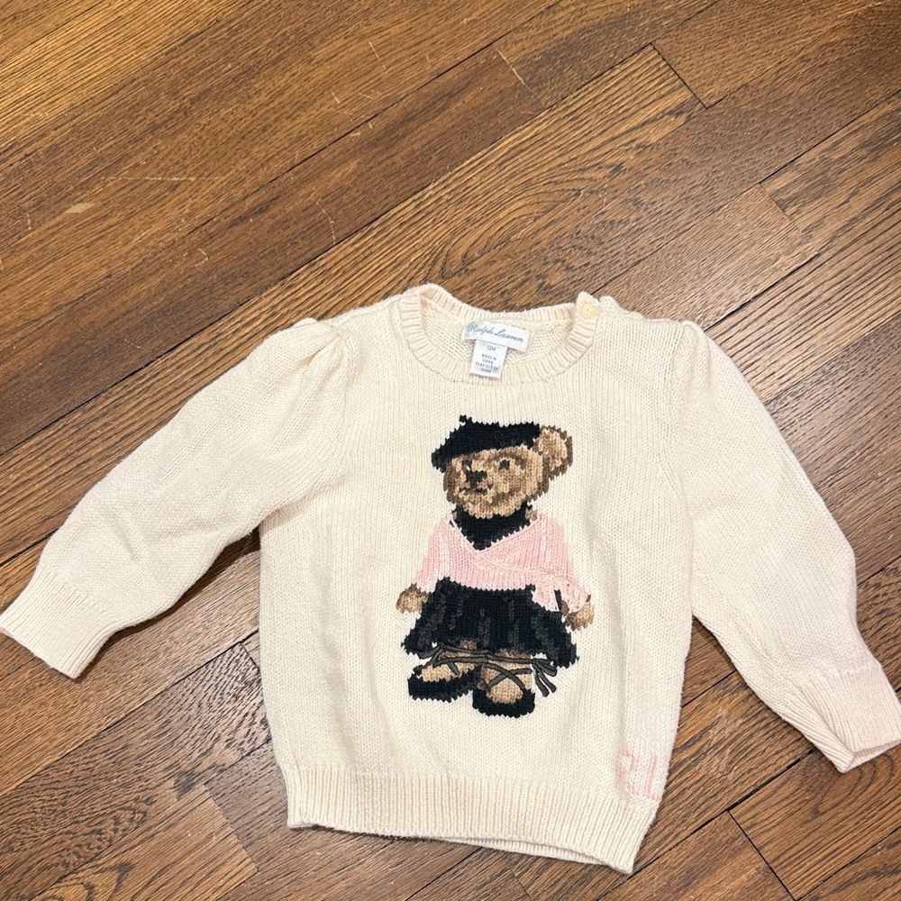Ralph Lauren Cream Knit Bear Sweater with Pink and Black Accents